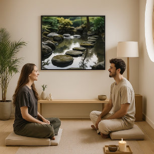 石日本の、水、植物が植えられた庭 ポスター