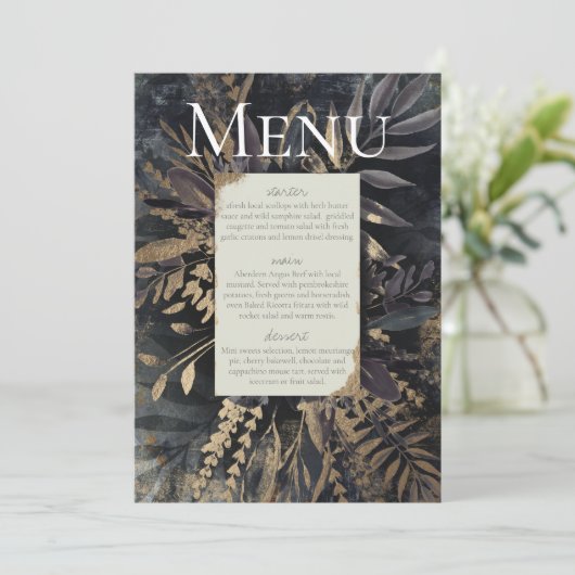 石板の金箔を施したメニューの葉の花束 招待状 (スタンド正面)