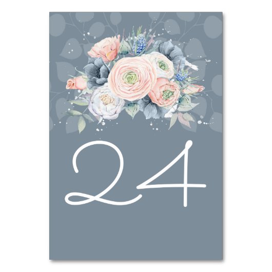 石板の青く、挨りだらけのばら色の花の水彩画 テーブルナンバー (正面)