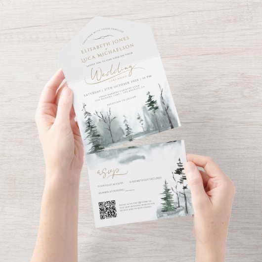 石板ウィンターランドスケープ結婚ウッドランドのQRコード オールインワン招待状 (貼ってはがせる)