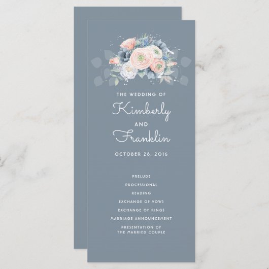 石板ブルーと埃っぽいバラフローラ結婚式 プログラム (正面/裏面)