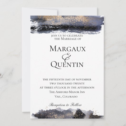 石板ブルーゴールデンブラシ結婚式招待状 招待状 (正面)