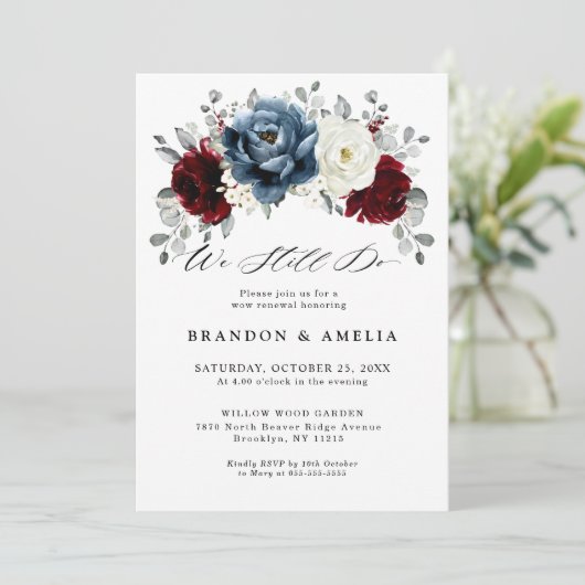 石板ブルーブルガンディーホワイトアイボリーフローラ私たちはまだ行う 招待状 (スタンド正面)