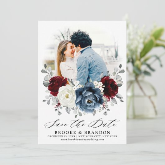 石板ブルーブルガンディーホワイトアイボリーフローラ結婚ズ セーブザデート (スタンド正面)