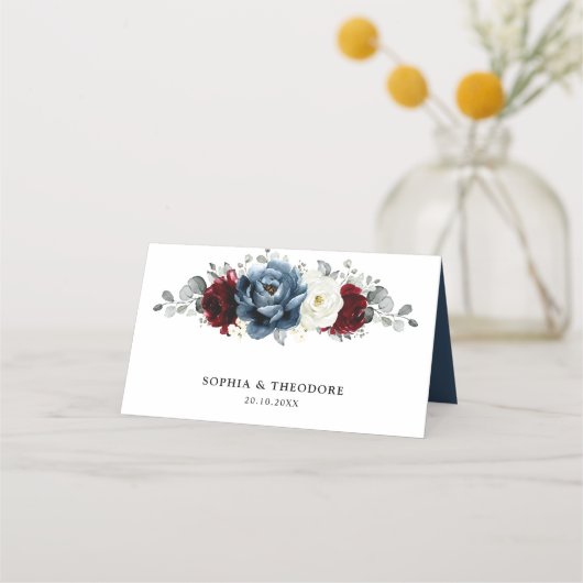 石板ブルーブルガンディーホワイトアイボリーフローラ結婚ズ プレイスカード (裏面)