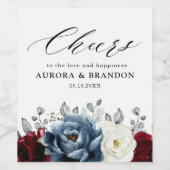 石板ブルーブルガンディーホワイトアイボリーフローラ結婚ズ ワインラベル (シングルラベル)