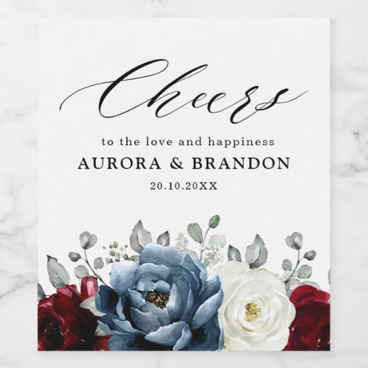 石板ブルーブルガンディーホワイトアイボリーフローラ結婚ズ ワインラベル (シングルラベル)