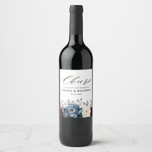 石板ブルーブルガンディーホワイトアイボリーフローラ結婚ズ ワインラベル (正面)