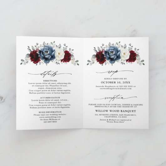 石板ブルーブルガンディーホワイトアイボリーフローラ結婚ズ 招待状 (内部)