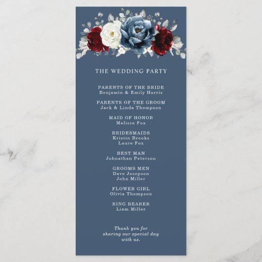 石板ブルーブルガンディーホワイトアイボリー結婚フローラのPr プログラム (裏面)