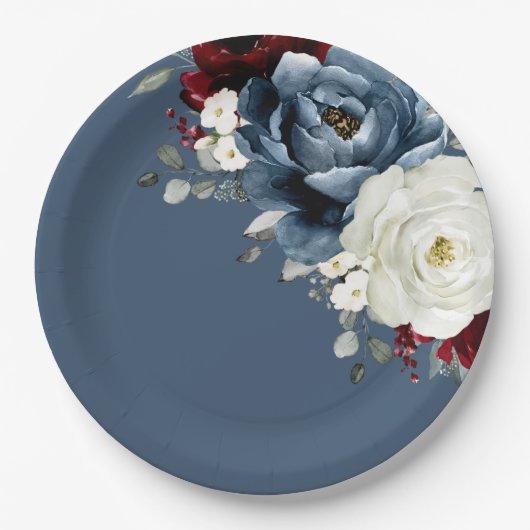 石板ブルーブルガンディーホワイトアイボリー結婚フローラズパ ペーパープレート (正面)