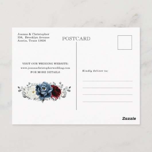 石板ブルーブルガンディーホワイトアイボリー結婚フローラズポー ポストカード (裏面)