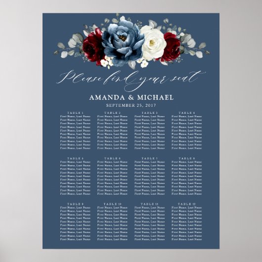 石板ブルーブルゴーニュ白アイボリーボホ座席表 ポスター (正面)