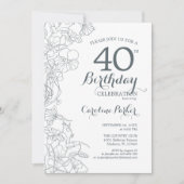 石板ブルーホワイトフローラ40th誕生日パーティー 招待状 (正面)