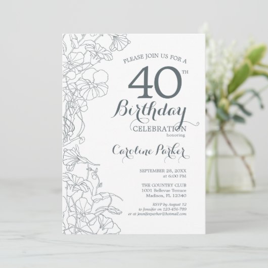 石板ブルーホワイトフローラ40th誕生日パーティー 招待状 (スタンド正面)