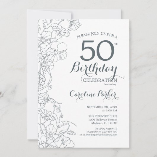 石板ブルーホワイトフローラ50th誕生日パーティー 招待状 (正面)