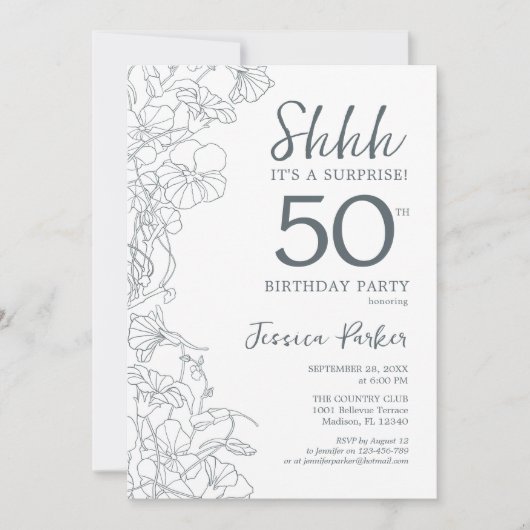 石板ブルーホワイトボタニカルサプライズ50誕生日 招待状 (正面)