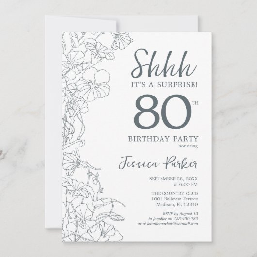 石板ブルーホワイトボタニカルサプライズ80誕生日 招待状 (正面)