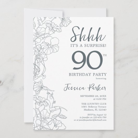石板ブルーホワイトボタニカルサプライズ90誕生日 招待状 (正面)