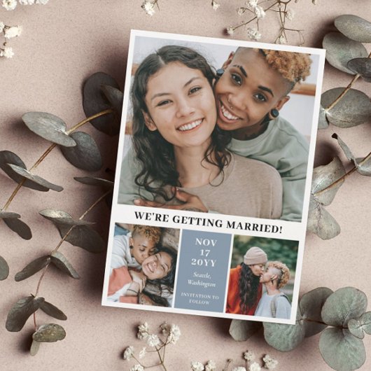 石板ブルー3 Photo Collageモダン日付の保存 セーブザデート