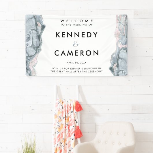 石板ブルー&赤面ピンクミニマリストマーブルウェルカム 横断幕 (インサイチュ)