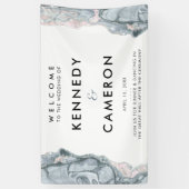 石板ブルー&赤面ピンクミニマリストマーブルウェルカム 横断幕 (縦)