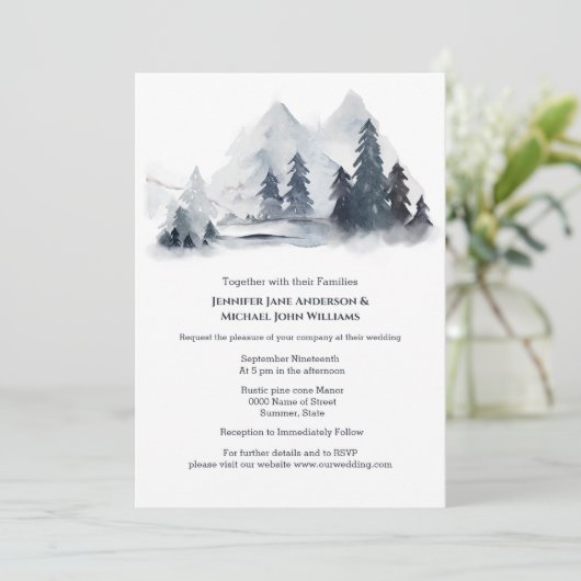 石板灰色の青い森のモミの木の山シック 招待状 (スタンド正面)