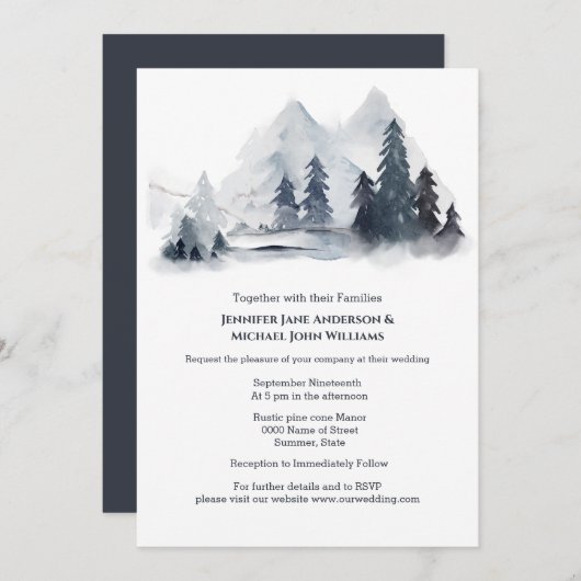 石板灰色の青い森のモミの木の山シック 招待状 (正面/裏面)