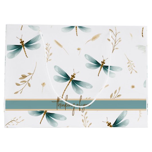 石板灰色、青、アイボリートンボのパターン ラージペーパーバッグ (裏面)