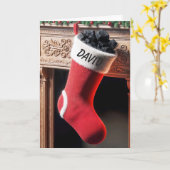 石炭が詰まったクリスマスストッキングの名前 カード (黄色い花)