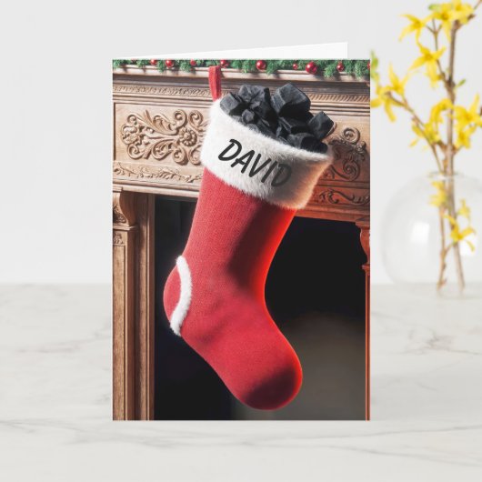 石炭が詰まったクリスマスストッキングの名前 カード (黄色い花)