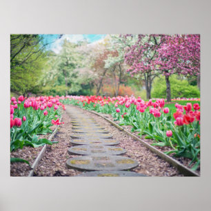 石畳の歩道に沿った春の花 ポスター