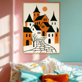 石畳の通りと太陽のミニマルな村 ポスター