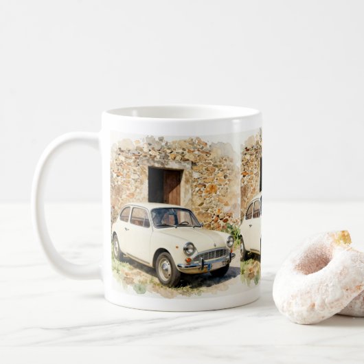 石造りの建物とビンテージカー コーヒーマグカップ (ドーナツ)