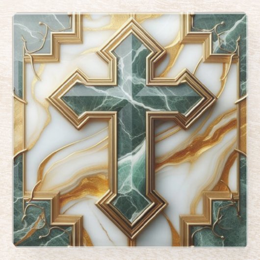 石黄金の額大理石の十字架のエレガンス ガラスコースター (正面)