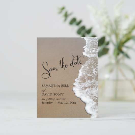 砂と泡のビーチ結婚式日付の保存 案内ポストカード (スタンド正面)