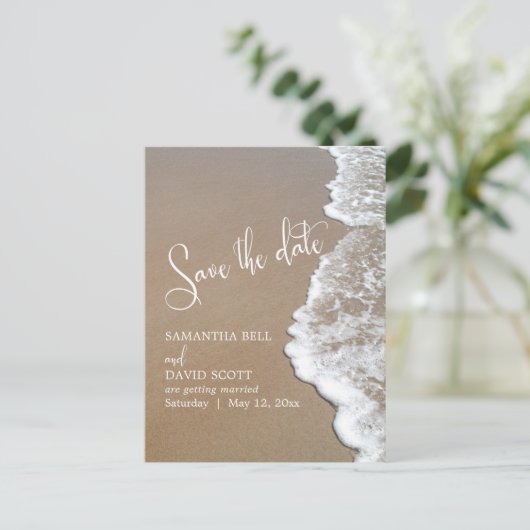 砂と泡のビーチ結婚式日付1bを保存 案内ポストカード (スタンド正面)