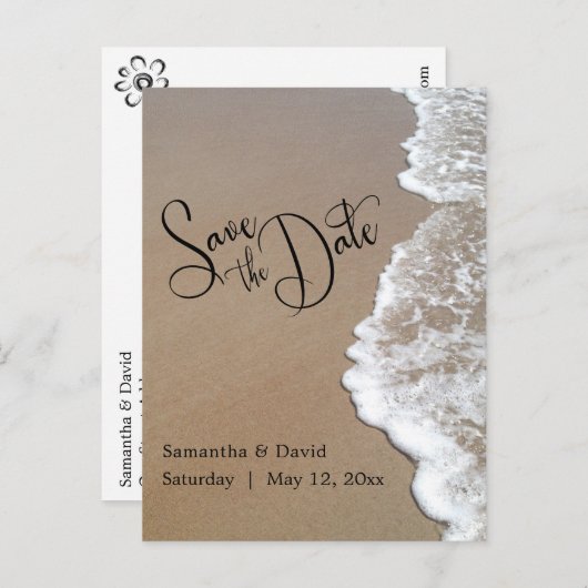 砂と泡のビーチ結婚式日付2aを保存 案内ポストカード (正面/裏面)