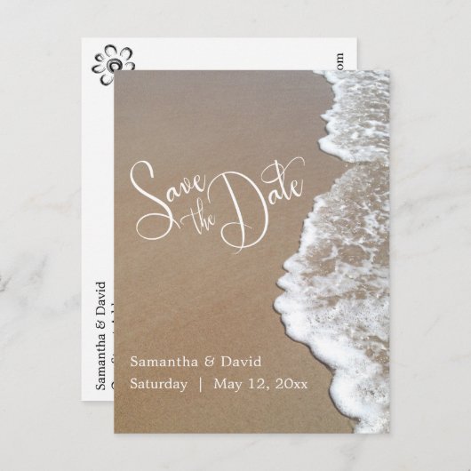 砂と泡のビーチ結婚式日付2bを保存 案内ポストカード (正面/裏面)