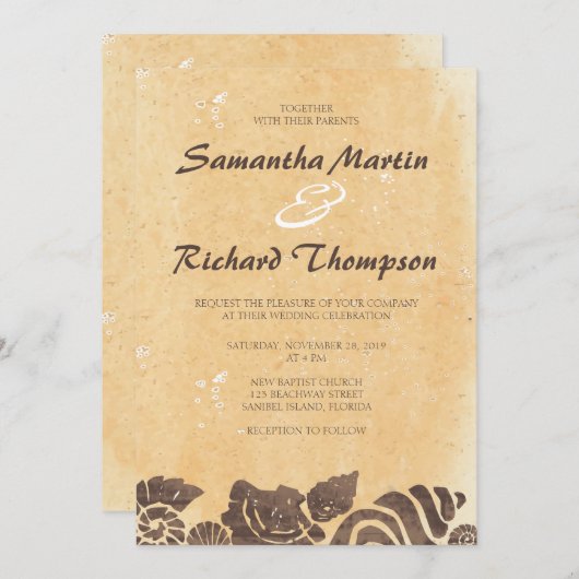 砂と海のシェル/ビーチ結婚式招待状 招待状 (正面/裏面)