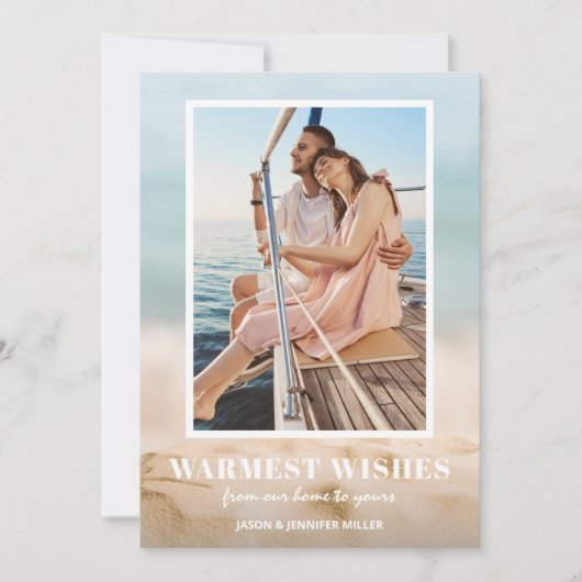 砂と海のビーチ写真クリスマス シーズンカード (正面)