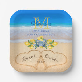 砂にカニ結婚とレモンのハート ペーパープレート