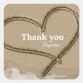 砂に文字を書くハートビーチウェディングフェイバーステッカー スクエアシール
