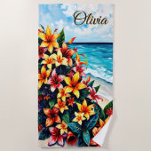 砂に熱帯花の名前を追加 ビーチタオル (正面)