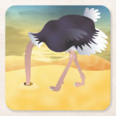 砂に頭を入れた漫画のダチョウ スクエアペーパーコースター (正面)