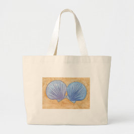 砂のキャンバスバッグに青い紫の貝殻 ラージトートバッグ