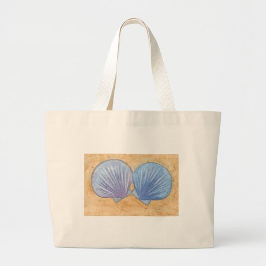 砂のキャンバスバッグに青い紫の貝殻 ラージトートバッグ (正面)