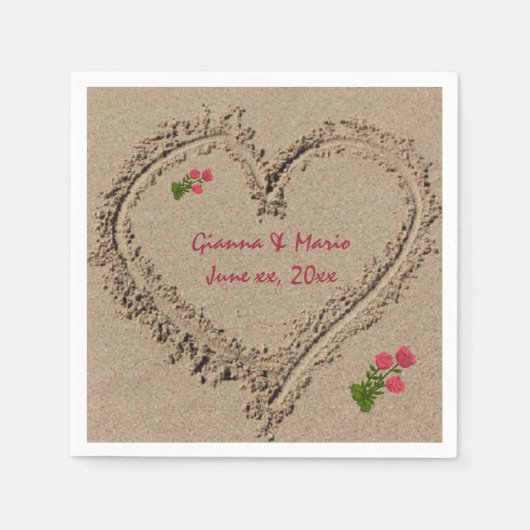 砂のハートとバラ スタンダードカクテルナプキン (正面)