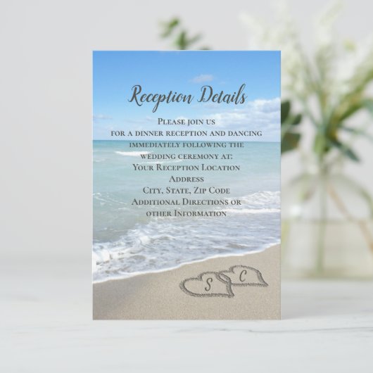 砂のハートの囲いビーチ結婚式 エンクロージャーカード (スタンド正面)