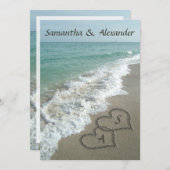 砂のハートイニシャル、ビーチ行先結婚式 招待状 (正面/裏面)